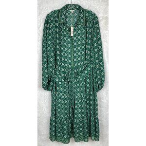 NWT Max Studio 2X Long Sleeve Button Down Dress Green Blue White Tie Back